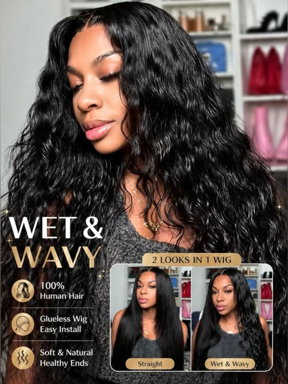 UNICE 2 in 1 Straight & Water Wave Human Hair 20 Inch Wig